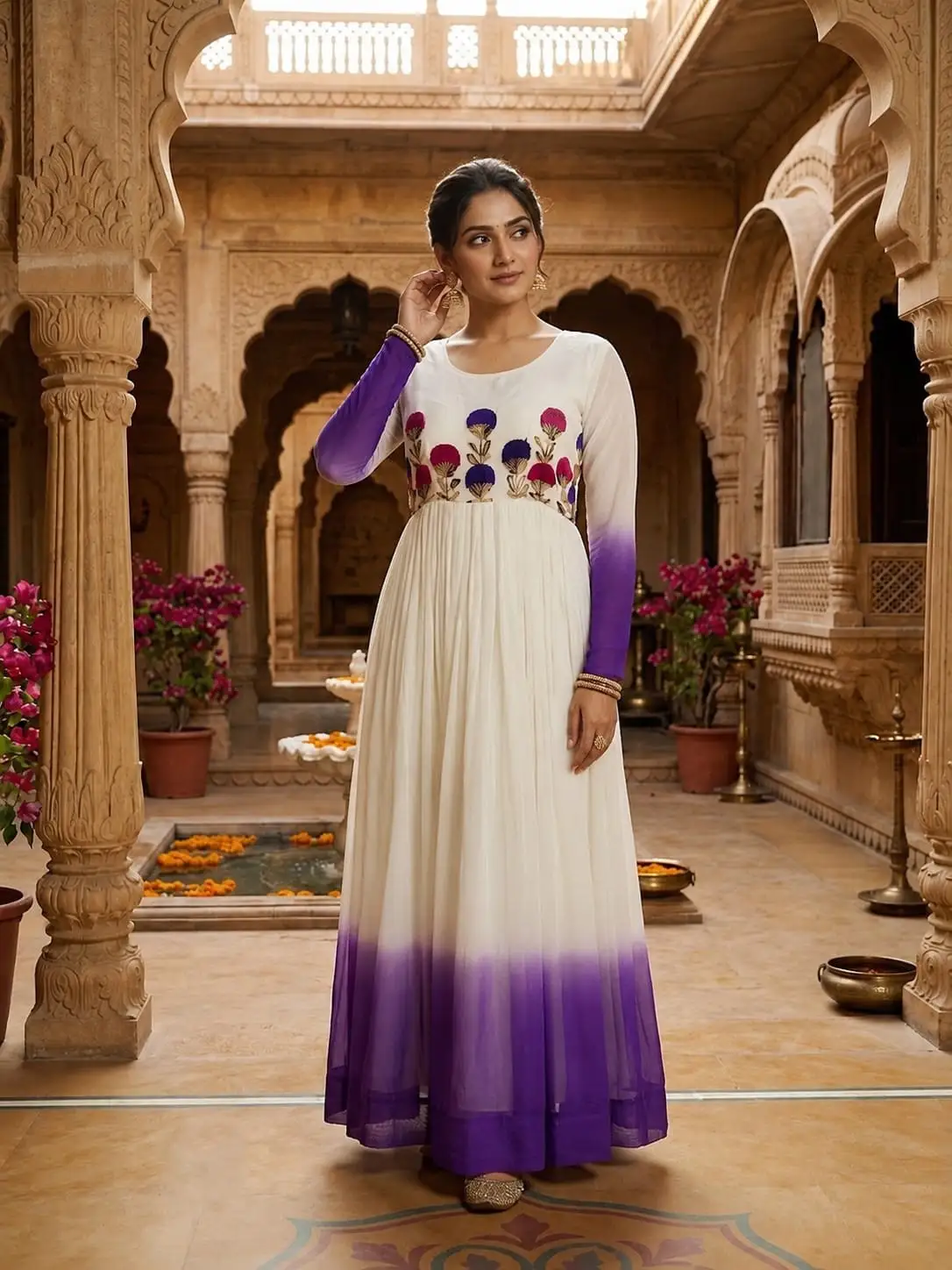 Star Georgette Pedding with Embroidery Woolen thread work DESIGNER  GOWN